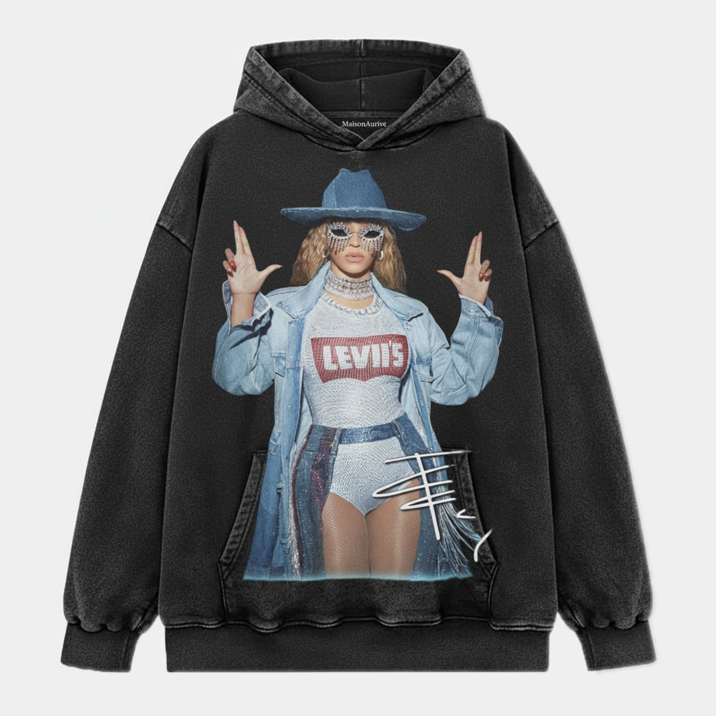 MaisonAurive Washed Edgy Street Tee – Beyoncé Cowboy Rhinestone Mask Portrait Waterwashed Charcoal