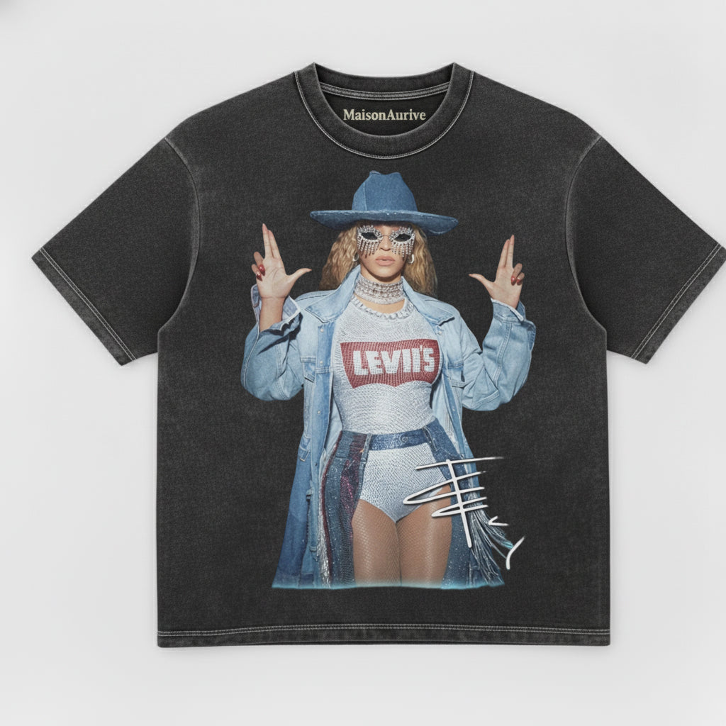 MaisonAurive Washed Edgy Street Tee – Beyoncé Cowboy Rhinestone Mask Portrait Waterwashed Charcoal