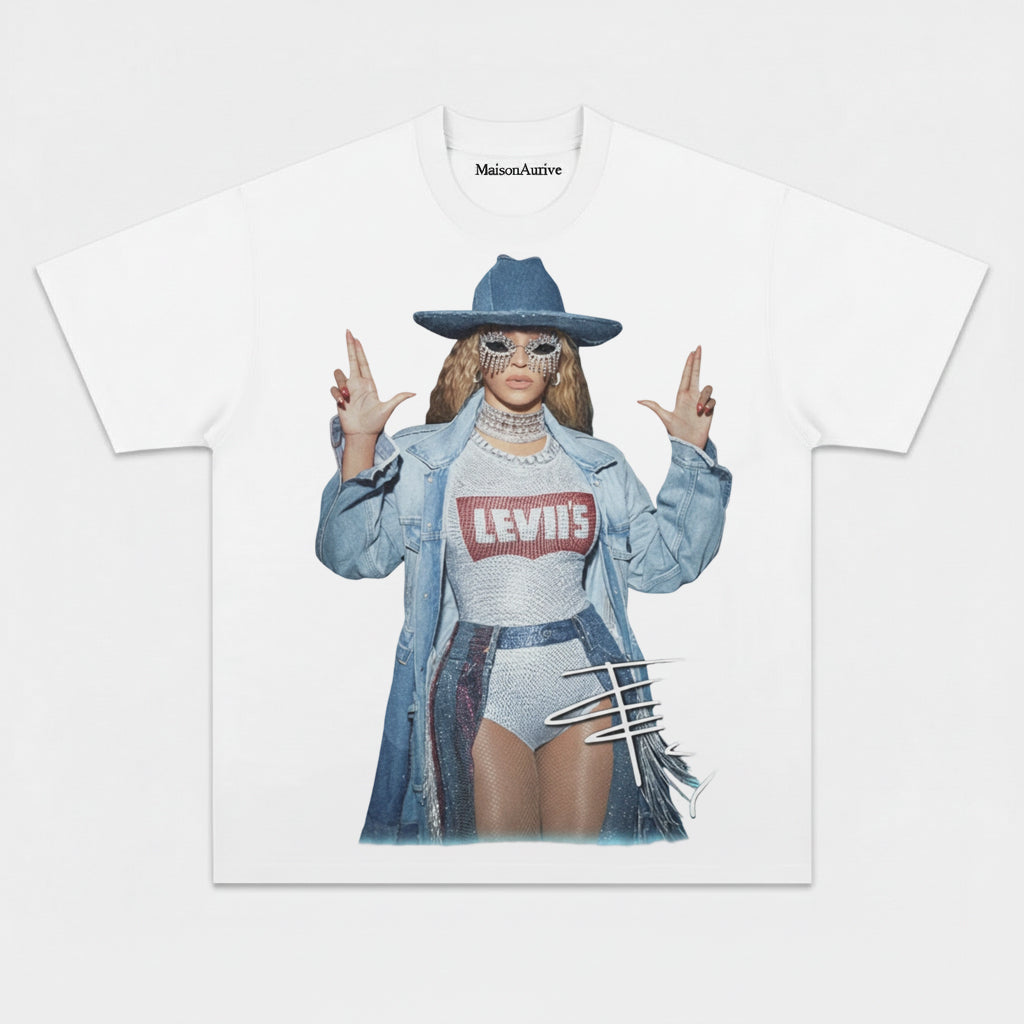 MaisonAurive Washed Edgy Street Tee – Beyoncé Cowboy Rhinestone Mask Portrait Waterwashed Charcoal