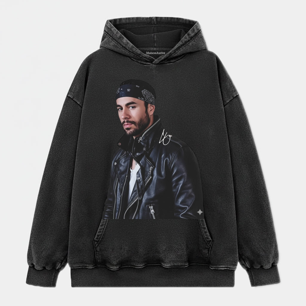 MaisonAurive Washed Edgy Street Tee – Singer Bandana Portrait Waterwashed Charcoal