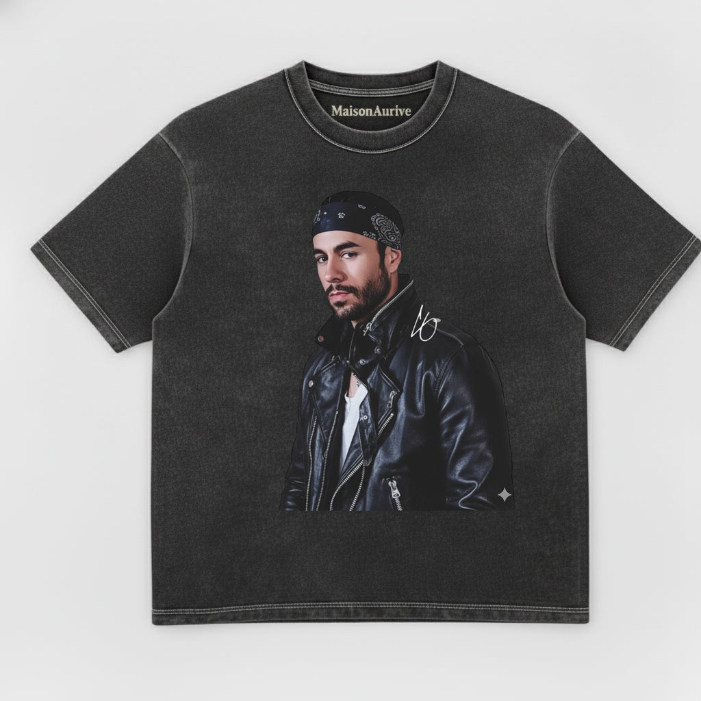 MaisonAurive Washed Edgy Street Tee – Singer Bandana Portrait Waterwashed Charcoal