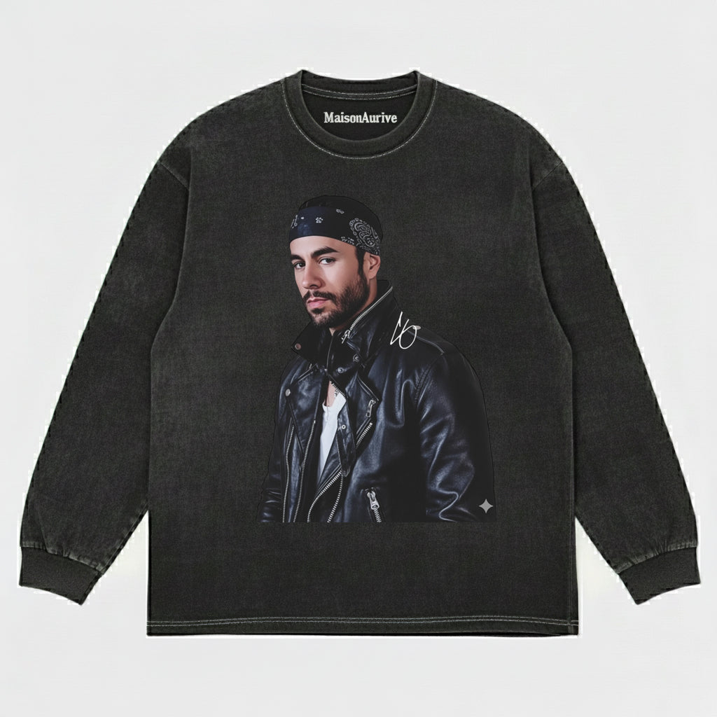 MaisonAurive Washed Edgy Street Tee – Singer Bandana Portrait Waterwashed Charcoal