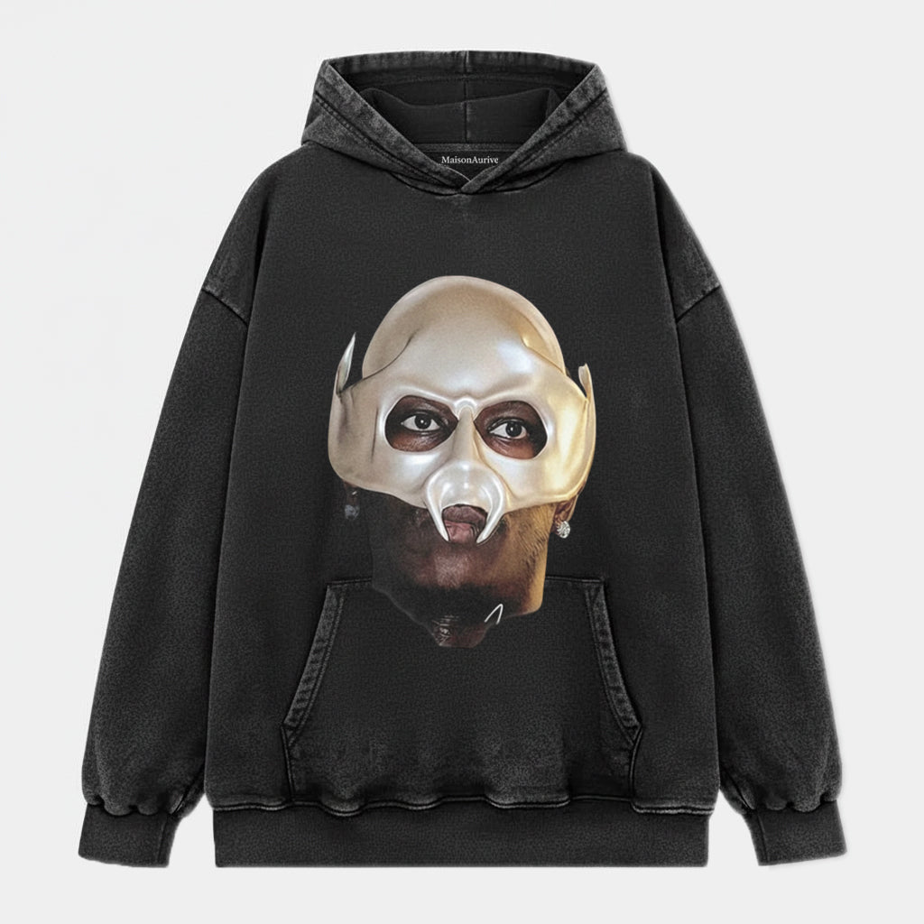 MaisonAurive Washed Edgy Tee – Gemaskerde Rapper Portret Houtskool