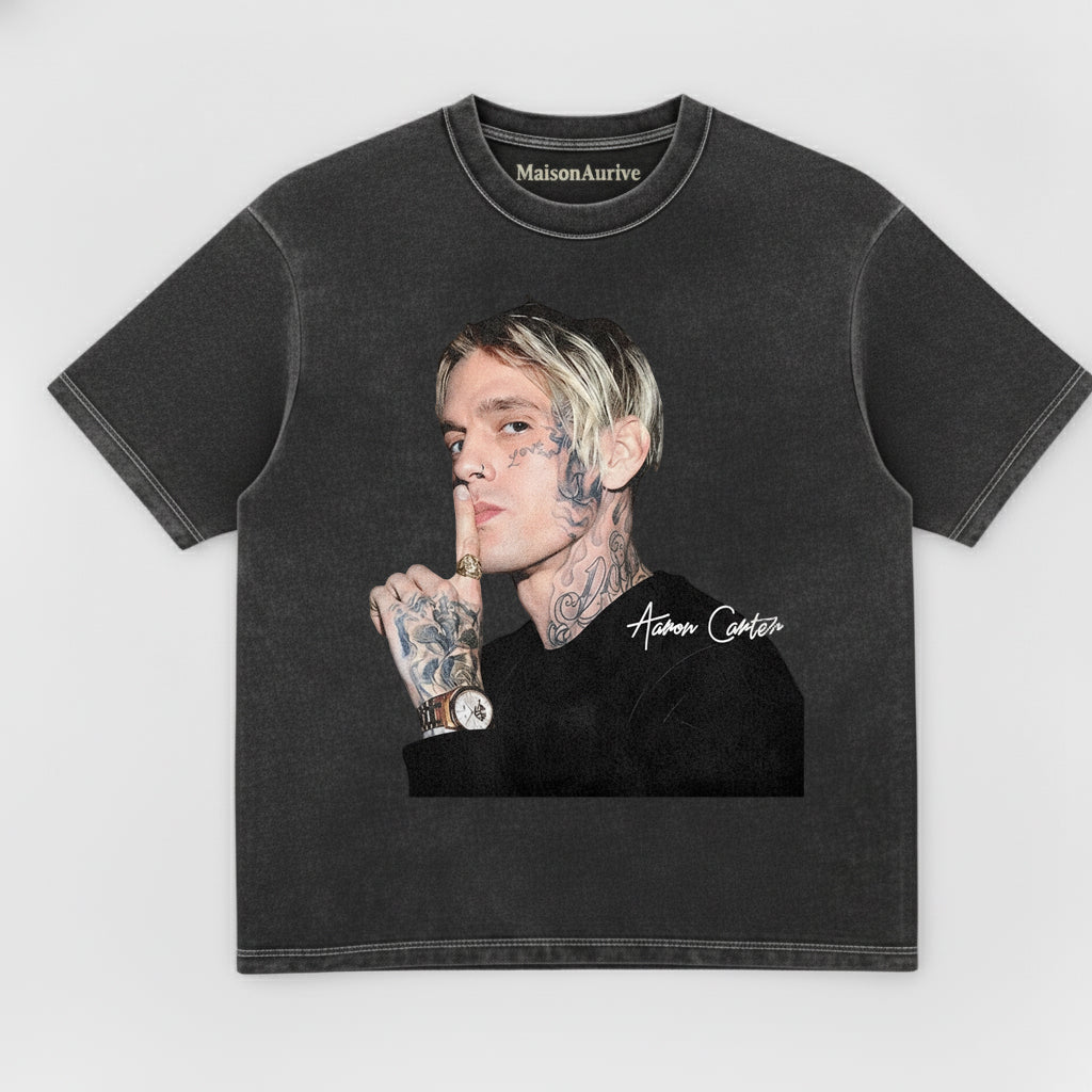 MaisonAurive Washed Edgy Tee – Aaron Carter Portrait Charcoal