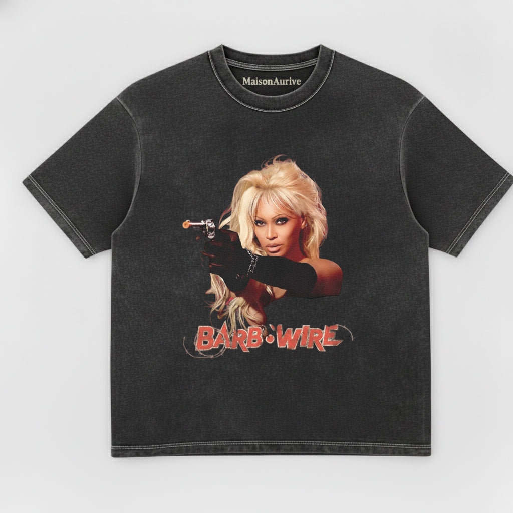MaisonAurive Vintage Washed T-Shirt – Barb Wire Graphic Charcoal