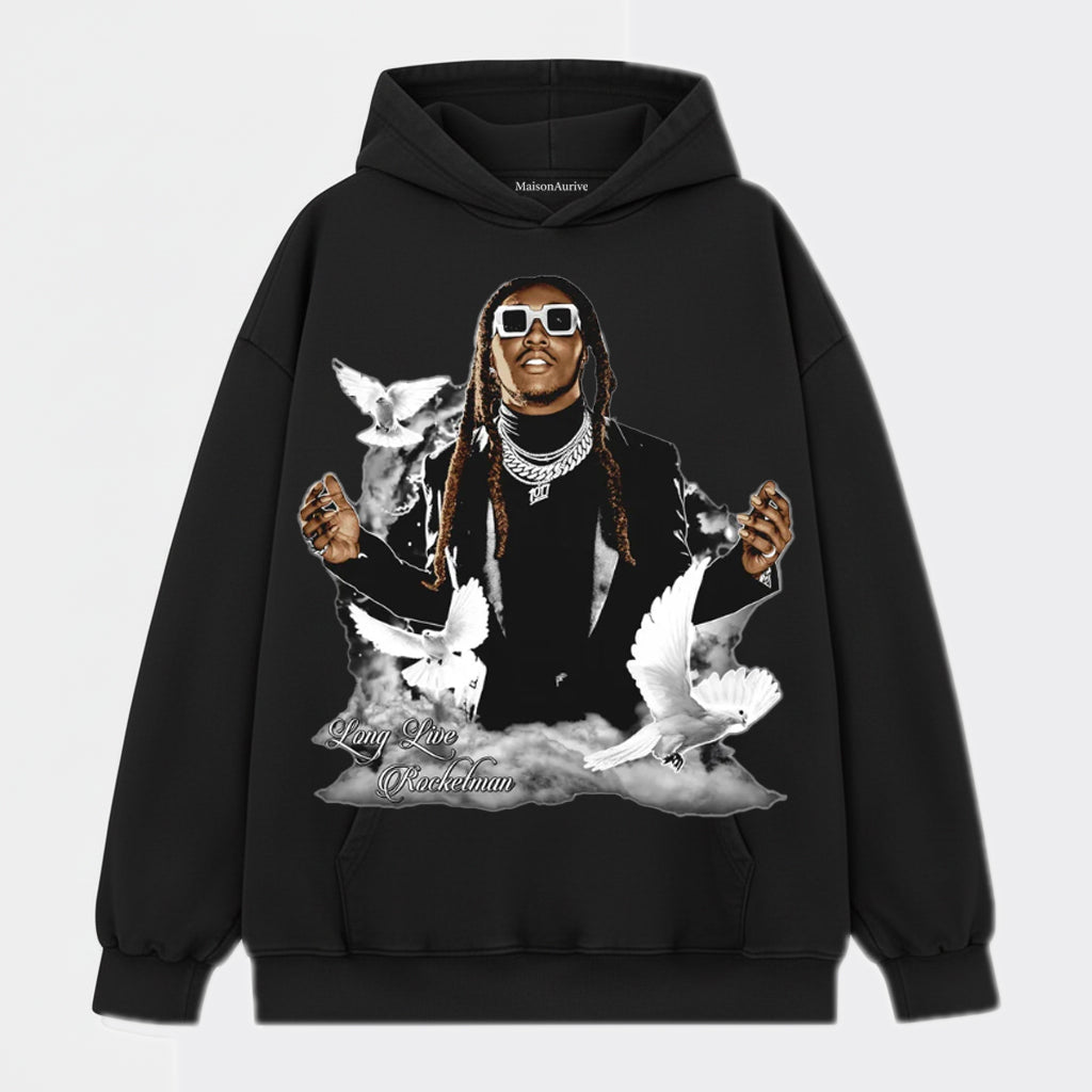 MaisonAurive ウォッシュド ヒップホップ T シャツ – ブラック|トラヴィス・スコット、ロケットマンのグラフィック万歳