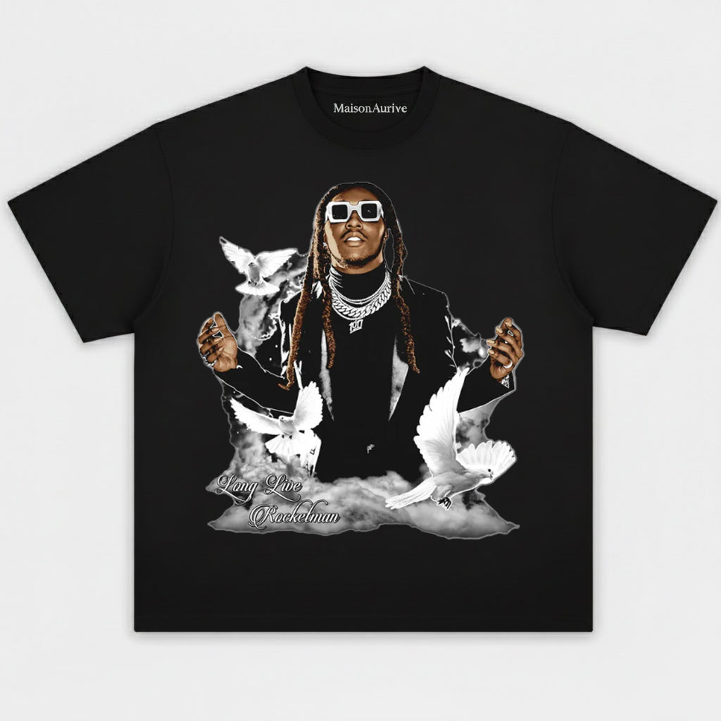 MaisonAurive ウォッシュド ヒップホップ T シャツ – ブラック|トラヴィス・スコット、ロケットマンのグラフィック万歳