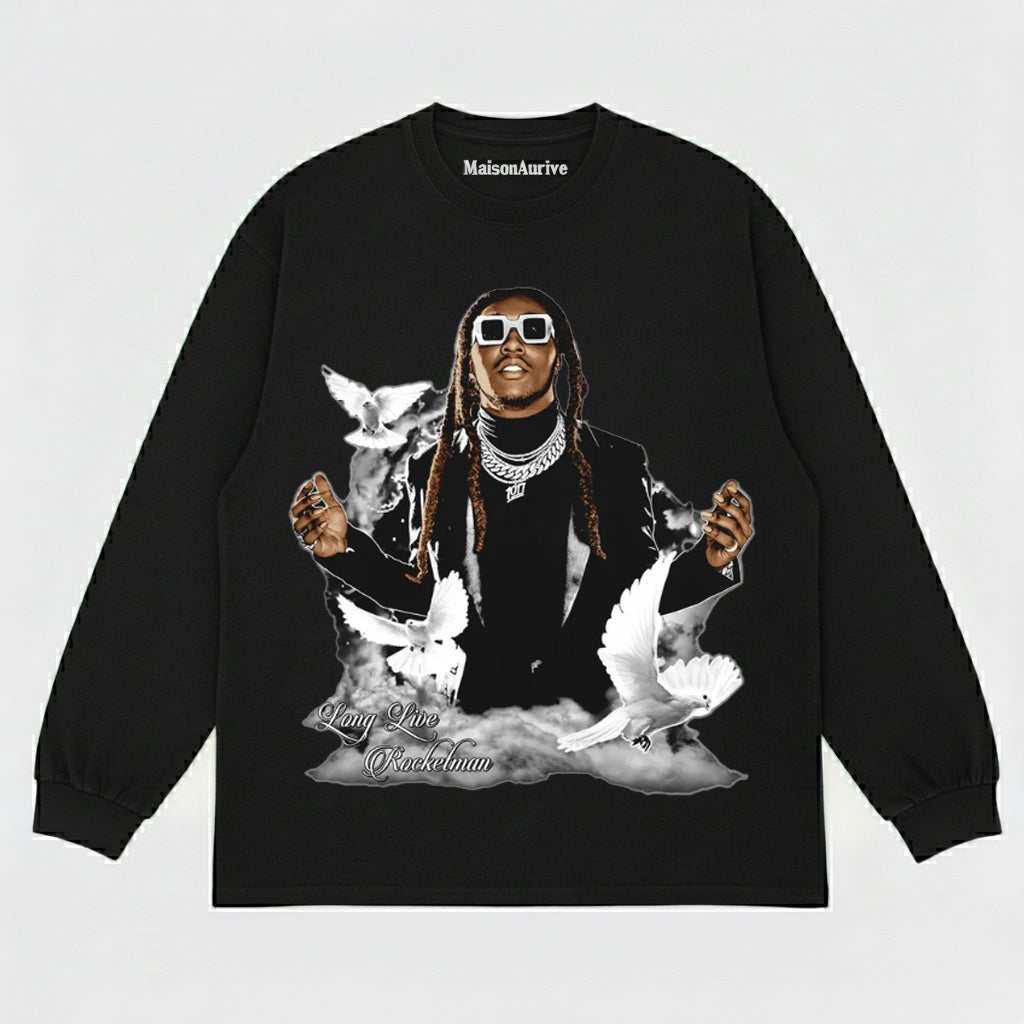 MaisonAurive ウォッシュド ヒップホップ T シャツ – ブラック|トラヴィス・スコット、ロケットマンのグラフィック万歳
