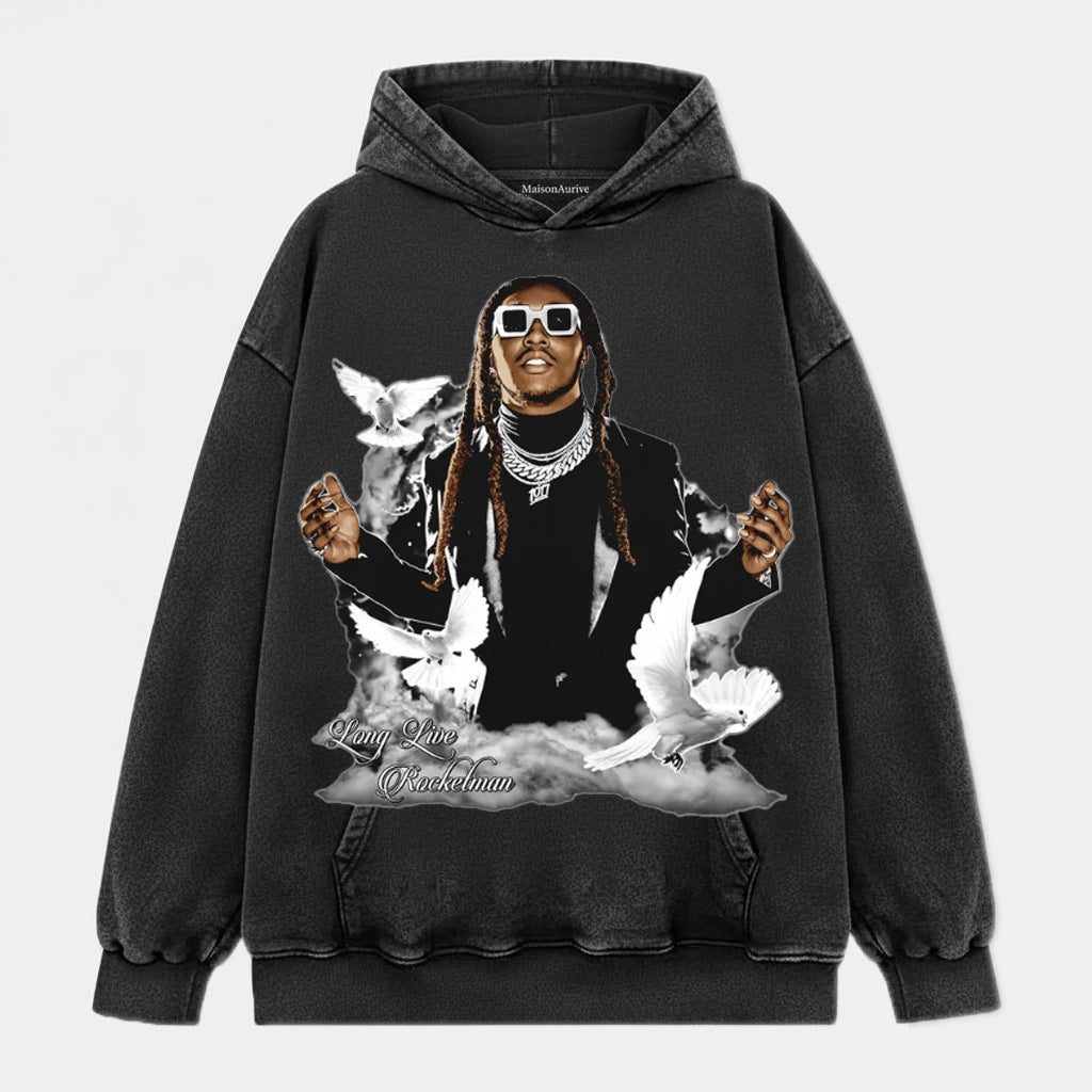 MaisonAurive ウォッシュド ヒップホップ T シャツ – ブラック|トラヴィス・スコット、ロケットマンのグラフィック万歳