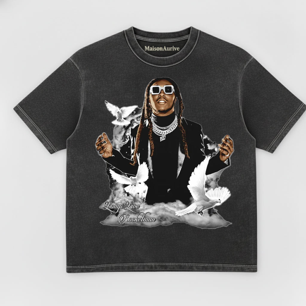 MaisonAurive ウォッシュド ヒップホップ T シャツ – ブラック|トラヴィス・スコット、ロケットマンのグラフィック万歳