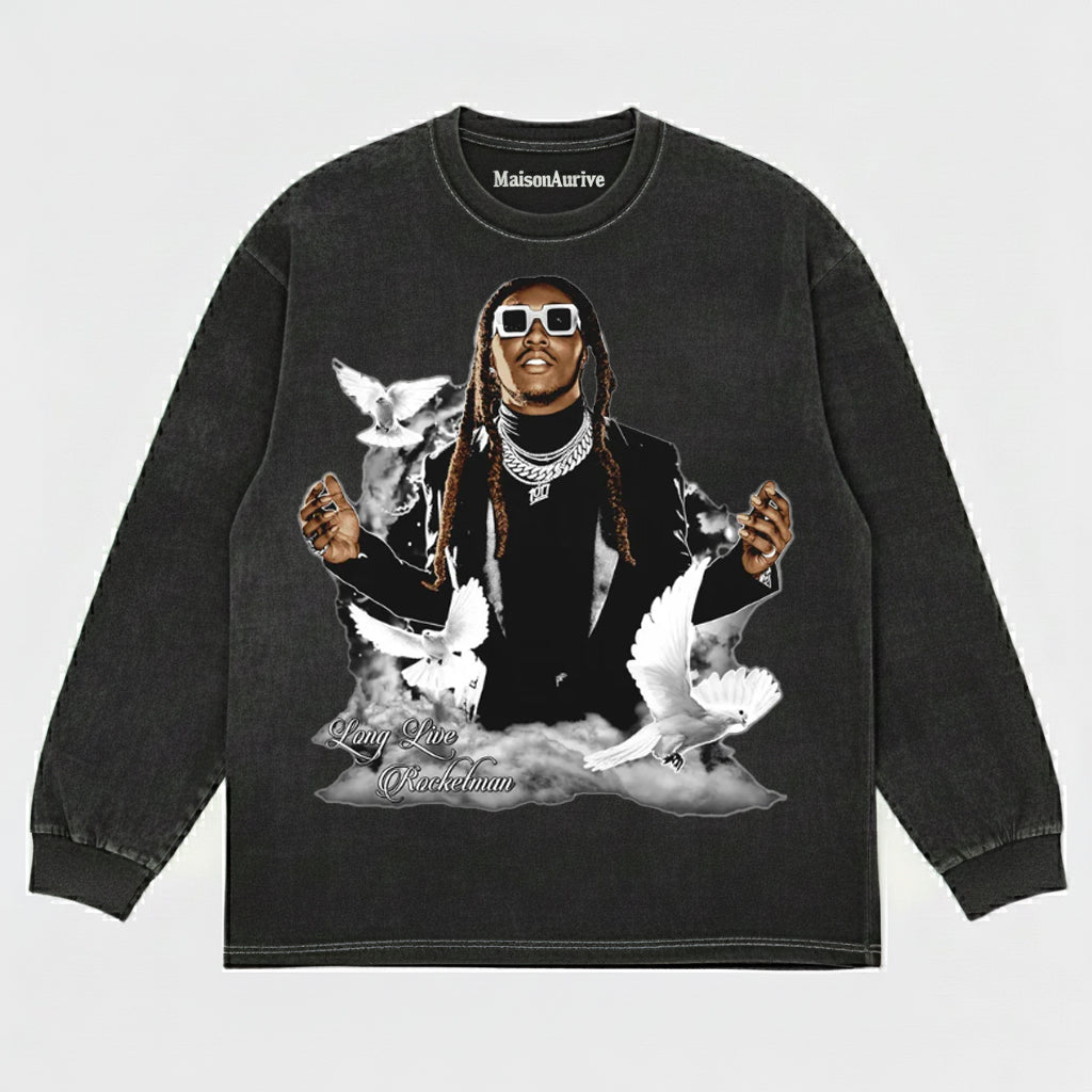 MaisonAurive ウォッシュド ヒップホップ T シャツ – ブラック|トラヴィス・スコット、ロケットマンのグラフィック万歳