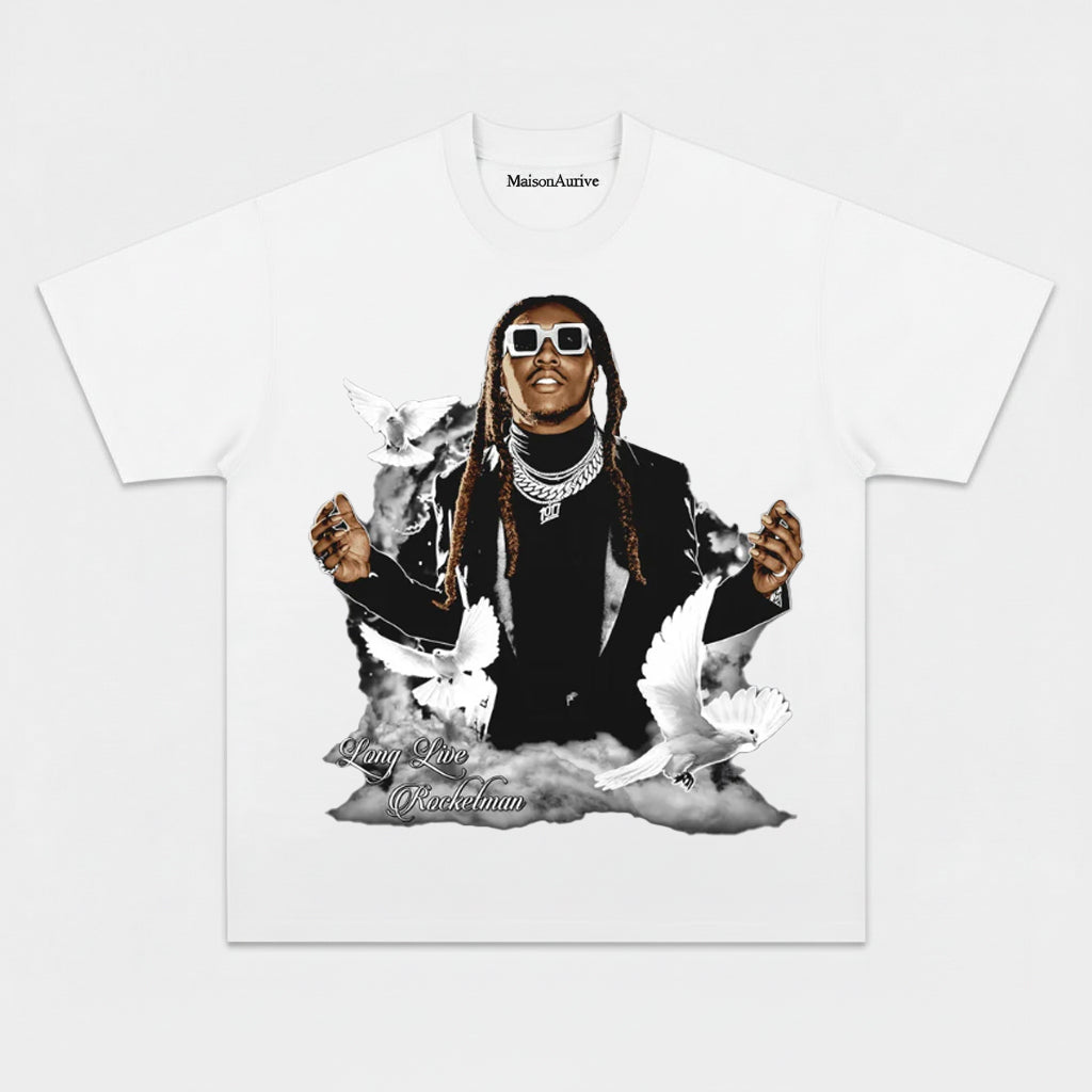 MaisonAurive ウォッシュド ヒップホップ T シャツ – ブラック|トラヴィス・スコット、ロケットマンのグラフィック万歳