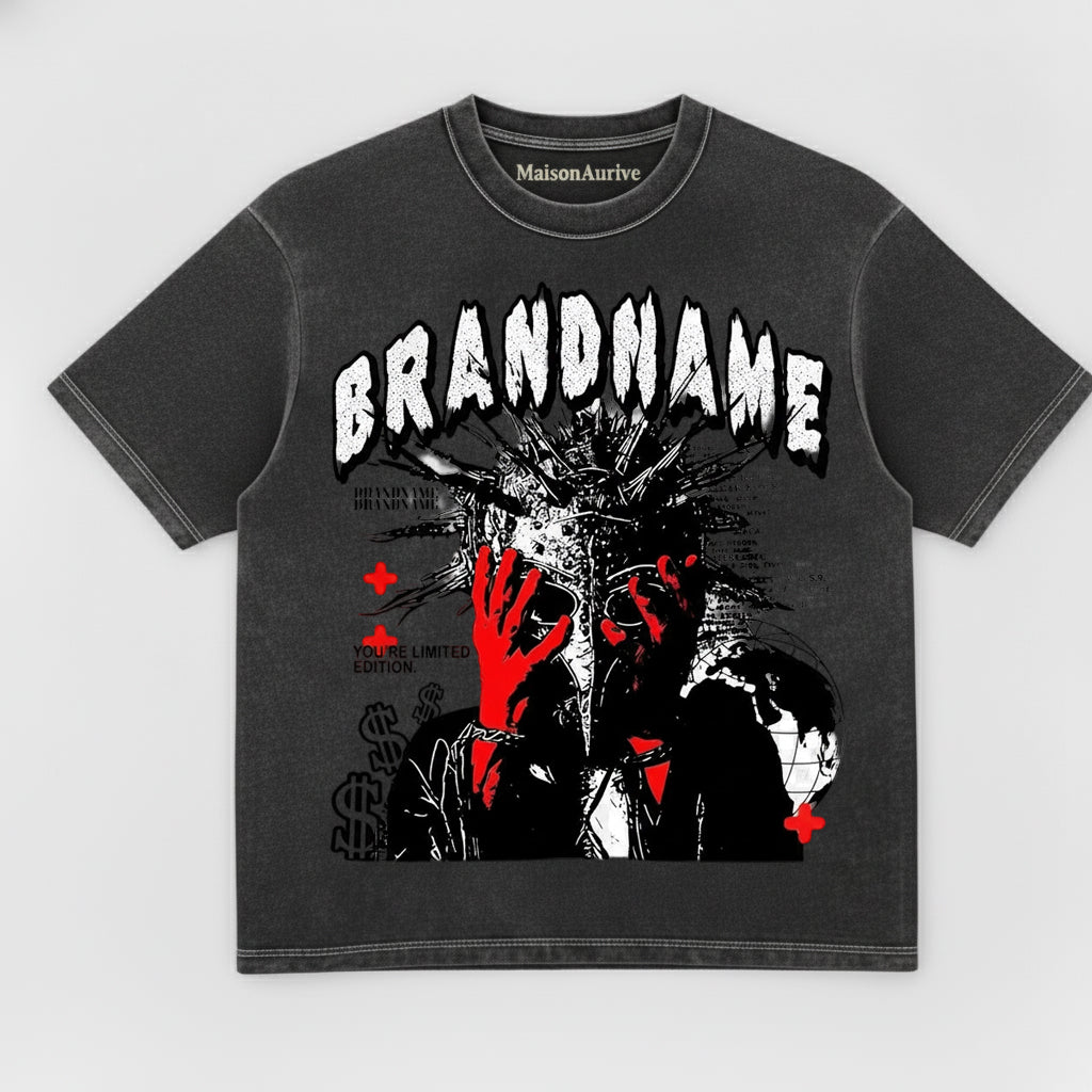 تي شيرت هيب هوب مغسول من MaisonAurive – أسود | أبيض | رسم بياني بإصدار محدود من BRANDNAME
