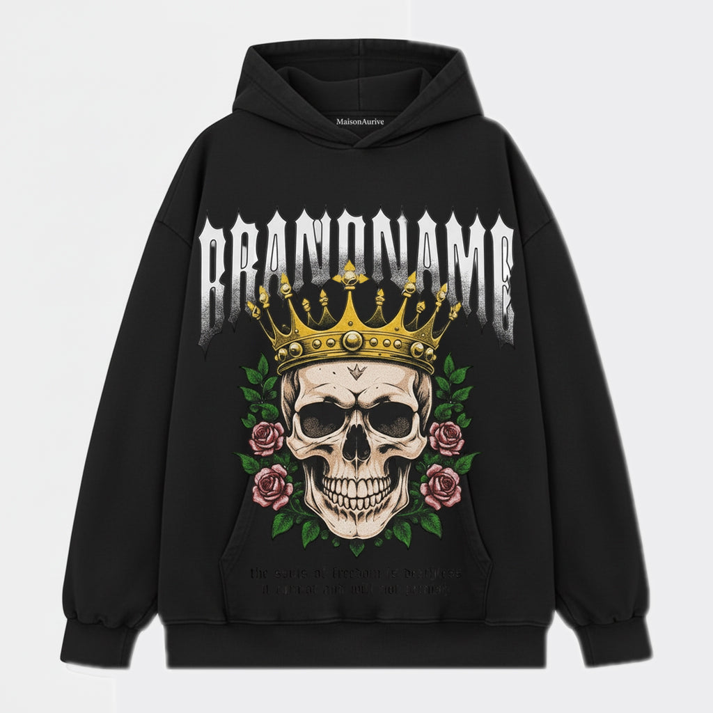 MaisonAurive ウォッシュド ヒップホップ Tシャツ – ブラック | ホワイト | BRANDNAME Skull Crown & ローズグラフィック