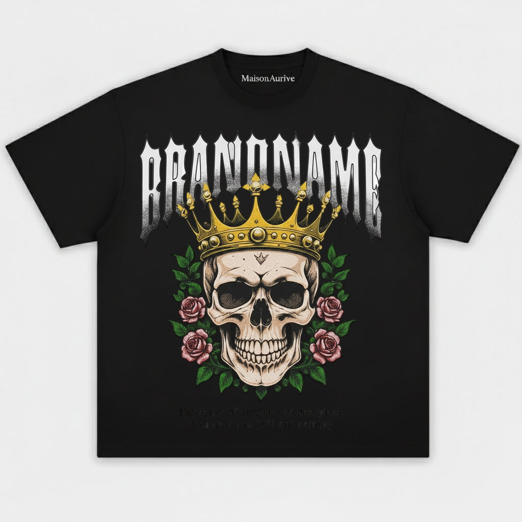 MaisonAurive ウォッシュド ヒップホップ Tシャツ – ブラック | ホワイト | BRANDNAME Skull Crown & ローズグラフィック