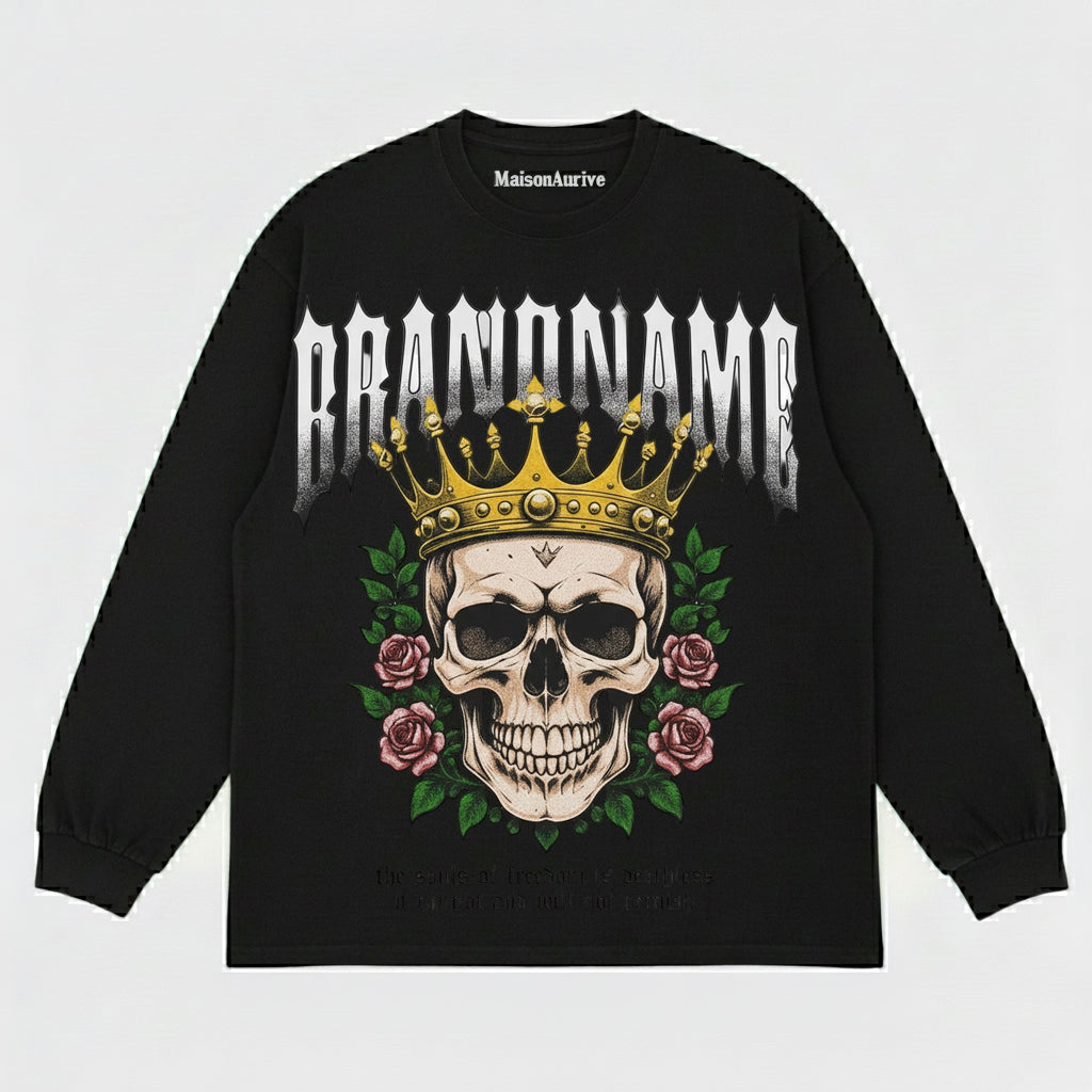 MaisonAurive ウォッシュド ヒップホップ Tシャツ – ブラック | ホワイト | BRANDNAME Skull Crown & ローズグラフィック