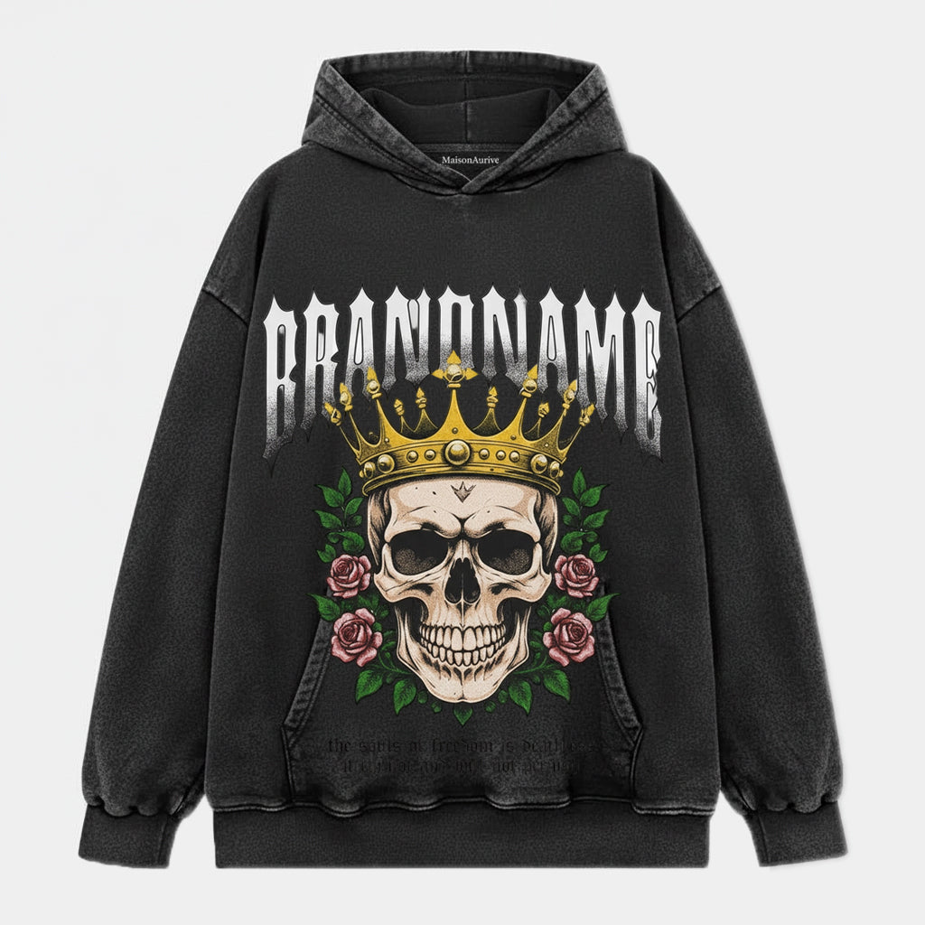 MaisonAurive ウォッシュド ヒップホップ Tシャツ – ブラック | ホワイト | BRANDNAME Skull Crown & ローズグラフィック