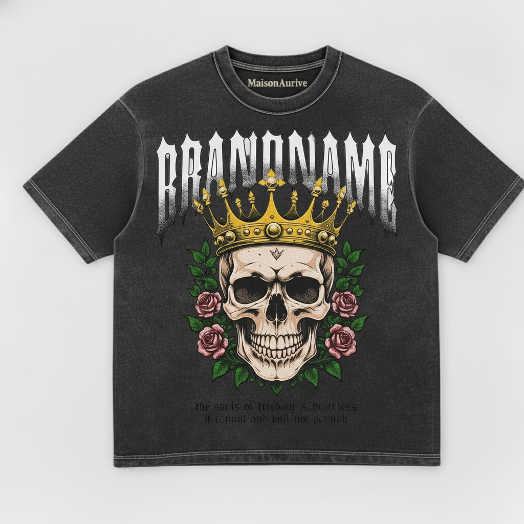 MaisonAurive ウォッシュド ヒップホップ Tシャツ – ブラック | ホワイト | BRANDNAME Skull Crown & ローズグラフィック