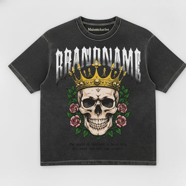 MaisonAurive ウォッシュド ヒップホップ Tシャツ – ブラック | ホワイト | BRANDNAME Skull Crown & ローズグラフィック
