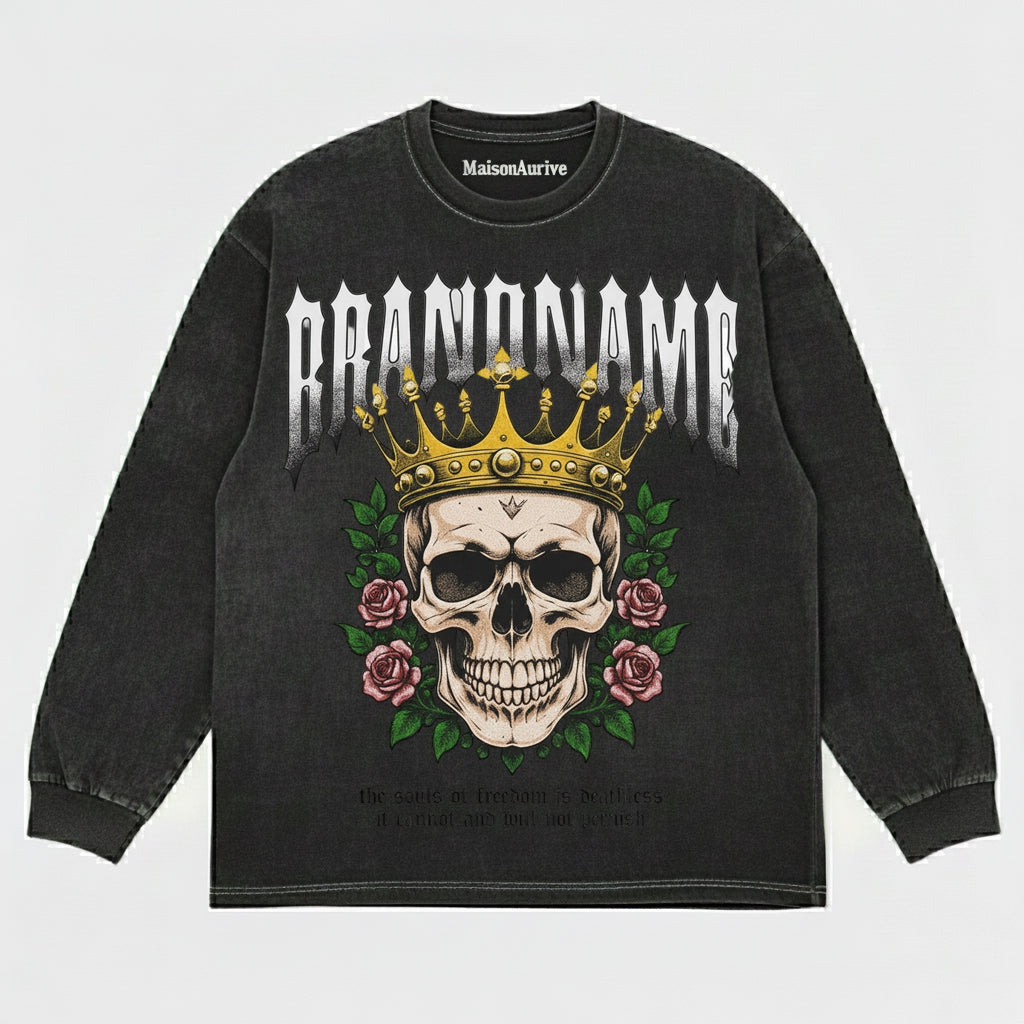 MaisonAurive ウォッシュド ヒップホップ Tシャツ – ブラック | ホワイト | BRANDNAME Skull Crown & ローズグラフィック