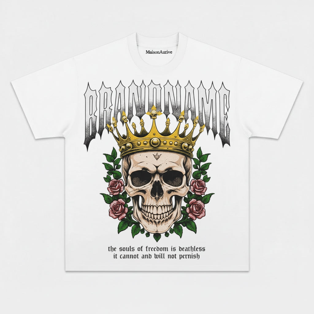MaisonAurive ウォッシュド ヒップホップ Tシャツ – ブラック | ホワイト | BRANDNAME Skull Crown & ローズグラフィック