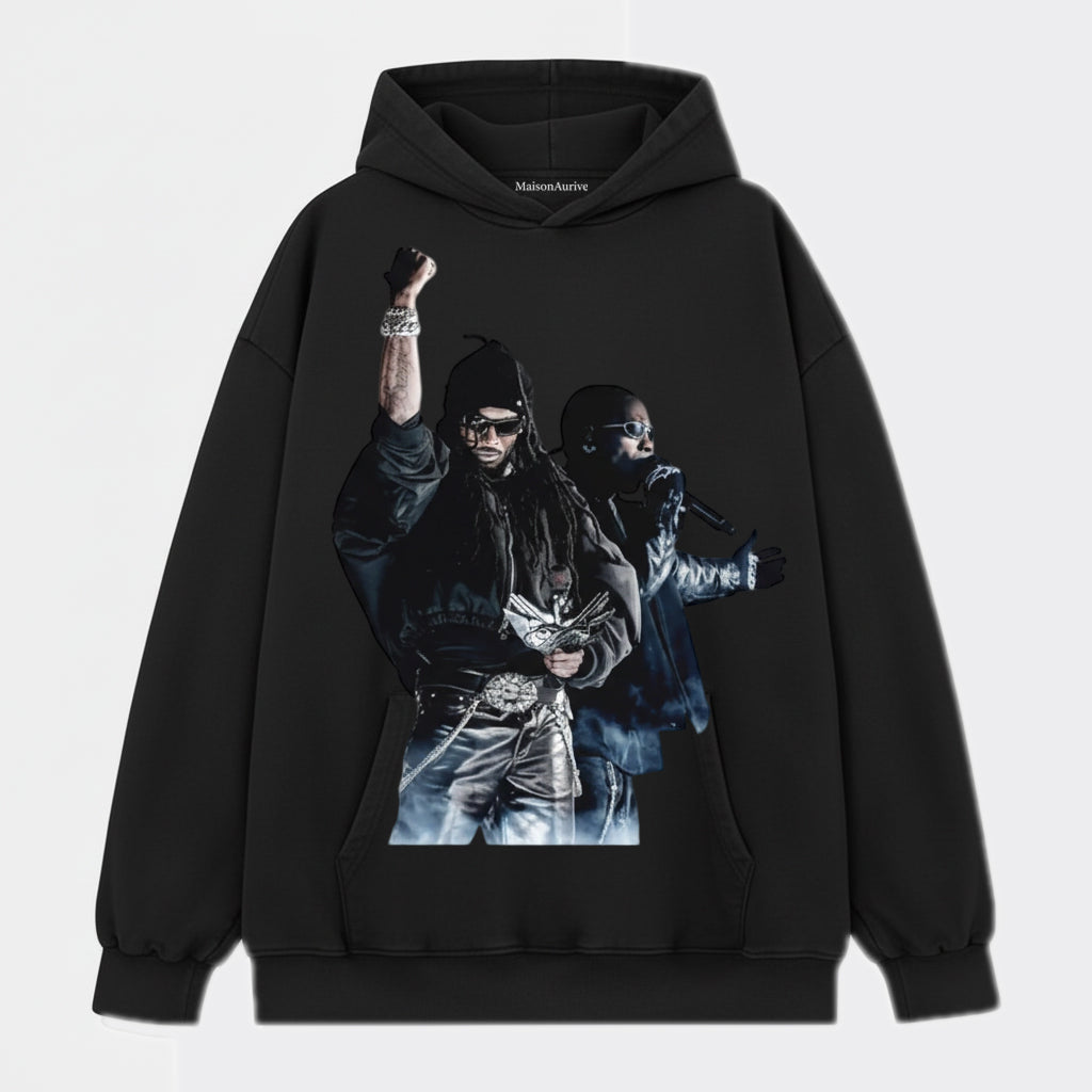 MaisonAurive ウォッシュド ヒップホップ T シャツ (ブラック) – デュアル ラッパー ステージ グラフィック デザイン