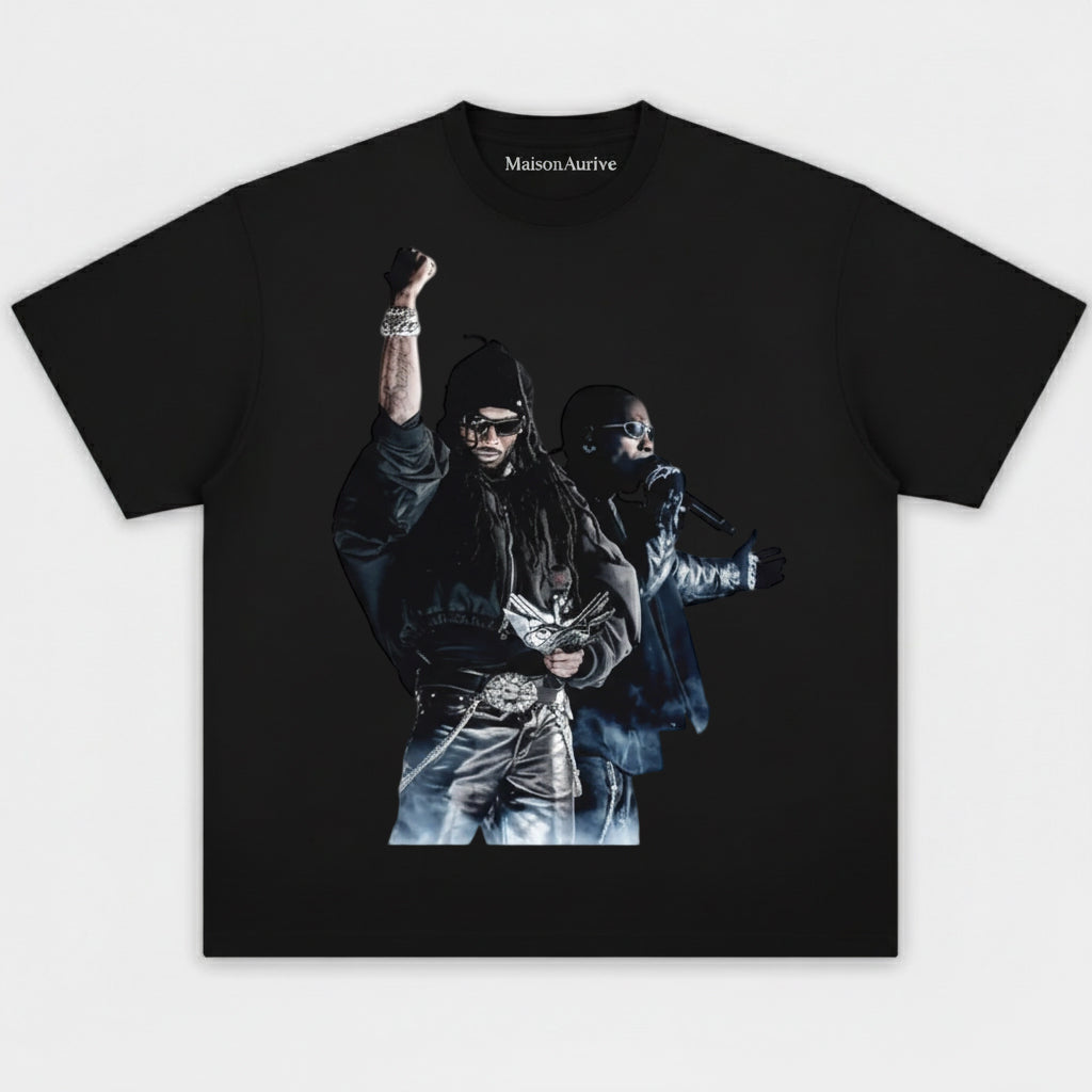 MaisonAurive ウォッシュド ヒップホップ T シャツ (ブラック) – デュアル ラッパー ステージ グラフィック デザイン