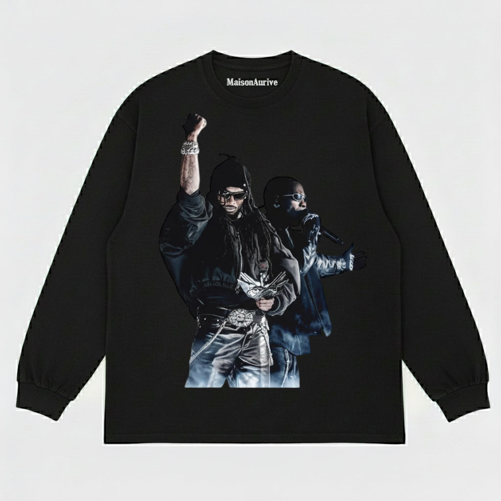 MaisonAurive ウォッシュド ヒップホップ T シャツ (ブラック) – デュアル ラッパー ステージ グラフィック デザイン