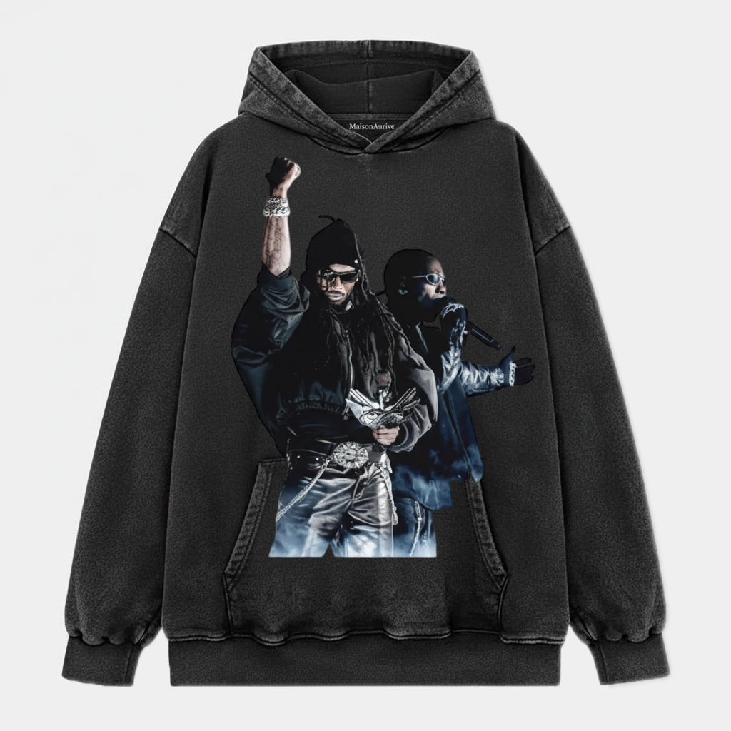 MaisonAurive ウォッシュド ヒップホップ T シャツ (ブラック) – デュアル ラッパー ステージ グラフィック デザイン