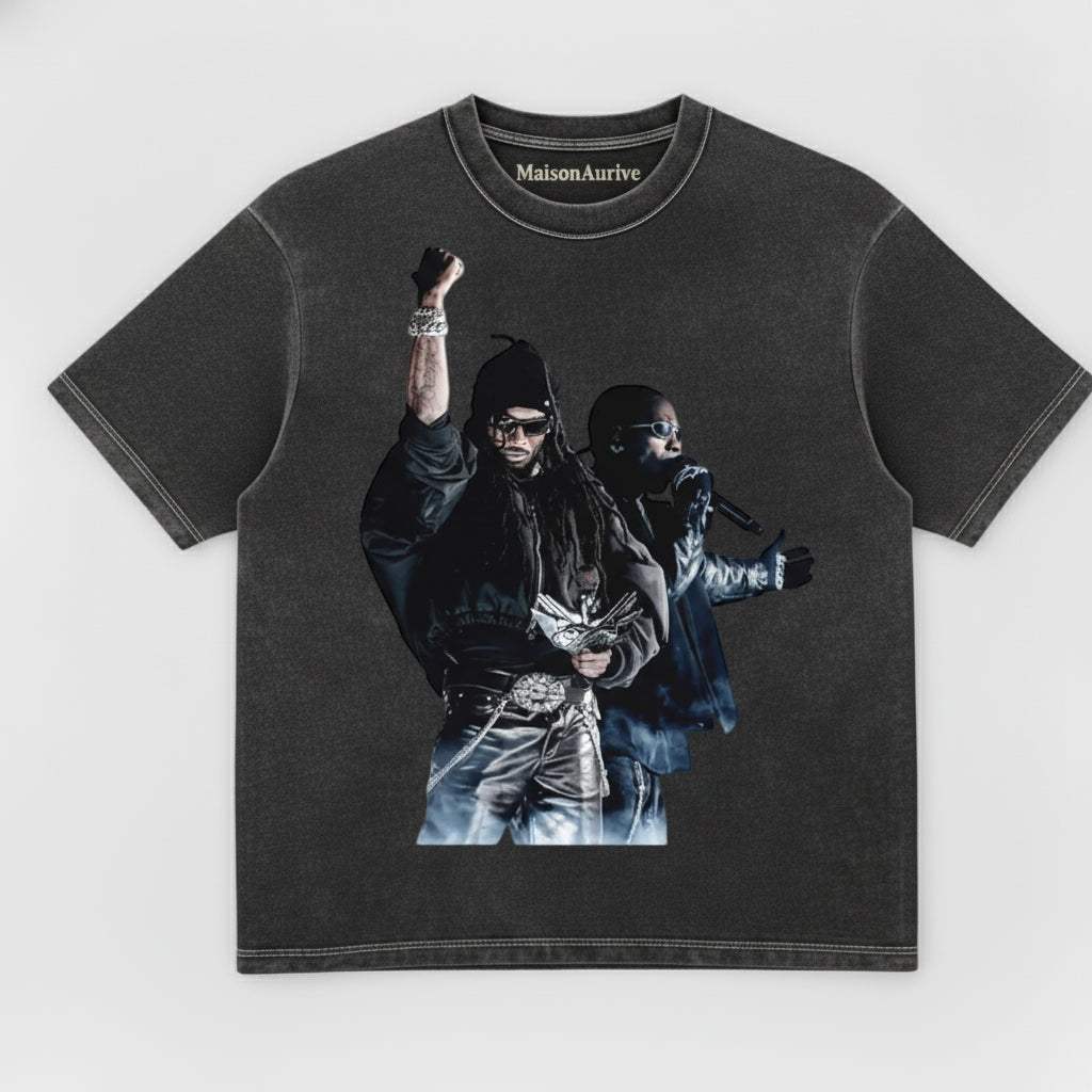 MaisonAurive ウォッシュド ヒップホップ T シャツ (ブラック) – デュアル ラッパー ステージ グラフィック デザイン