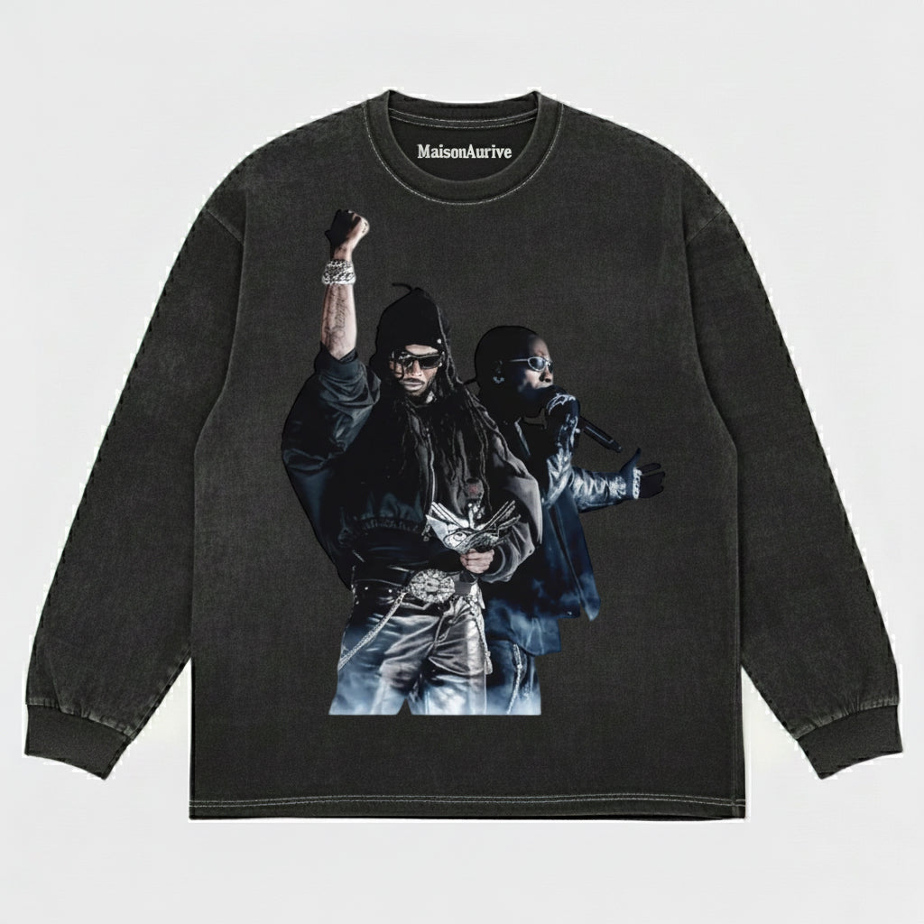 MaisonAurive ウォッシュド ヒップホップ T シャツ (ブラック) – デュアル ラッパー ステージ グラフィック デザイン