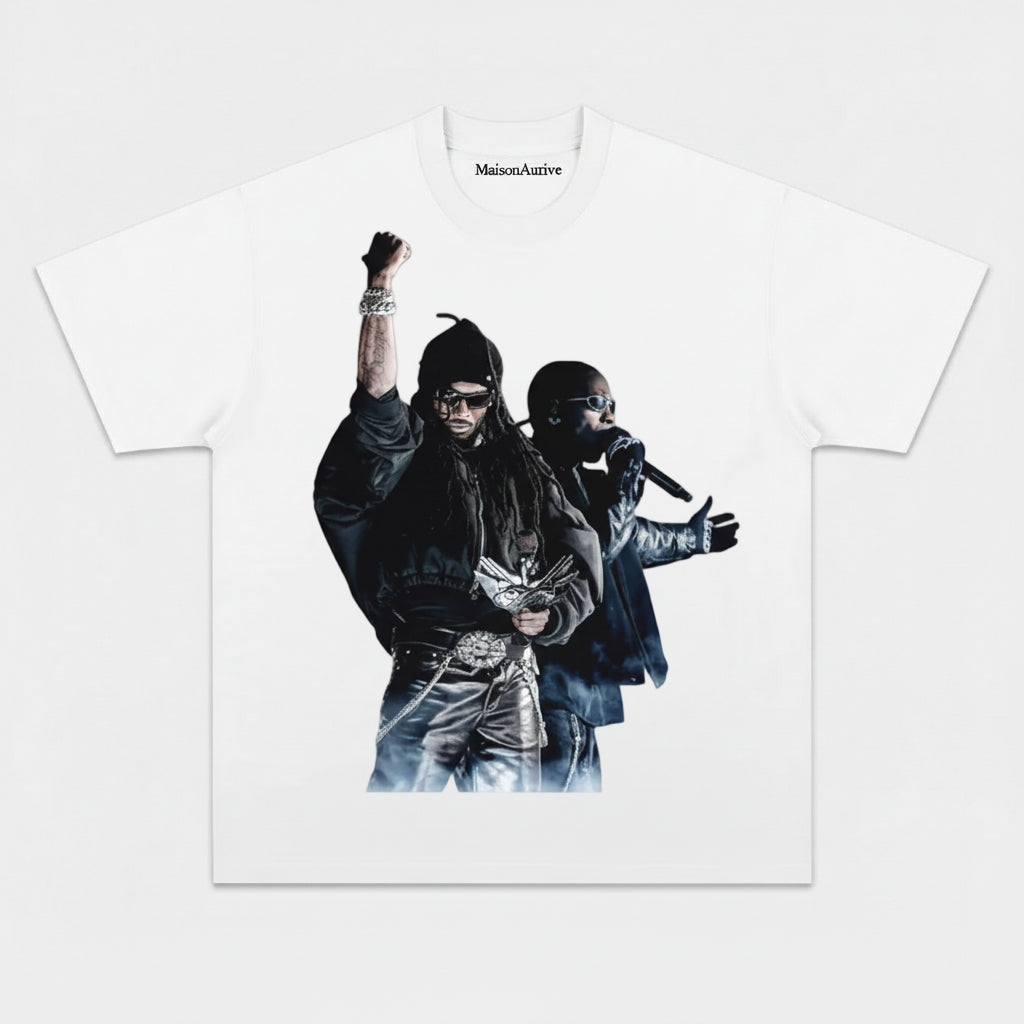 MaisonAurive ウォッシュド ヒップホップ T シャツ (ブラック) – デュアル ラッパー ステージ グラフィック デザイン