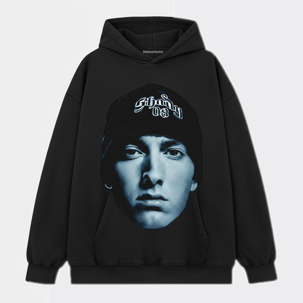 MaisonAurive ウォッシュド ブラック T シャツ – エミネム シェイディ キャップの象徴的なポートレート グラフィック