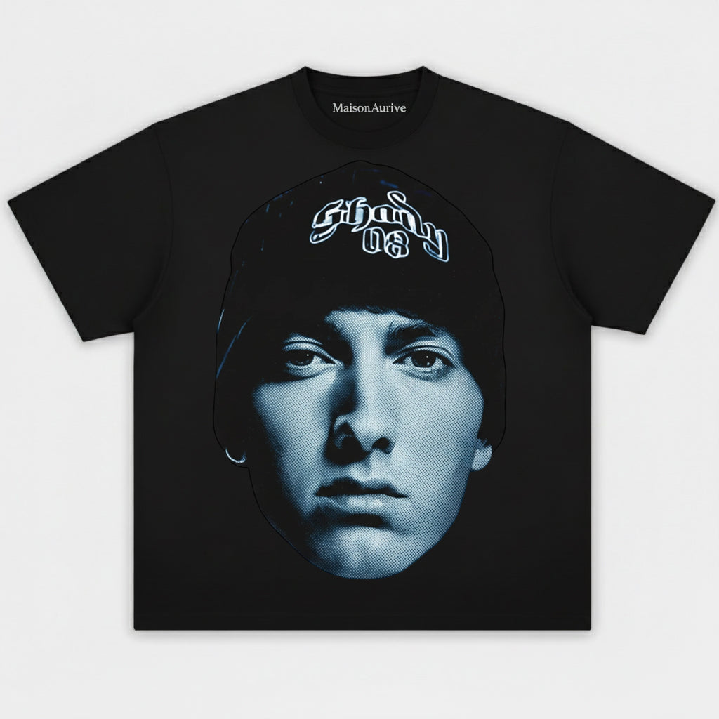 MaisonAurive ウォッシュド ブラック T シャツ – エミネム シェイディ キャップの象徴的なポートレート グラフィック