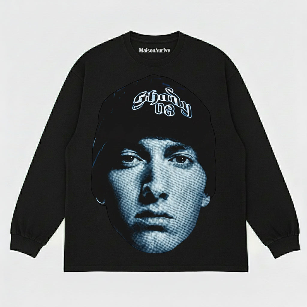 MaisonAurive ウォッシュド ブラック T シャツ – エミネム シェイディ キャップの象徴的なポートレート グラフィック