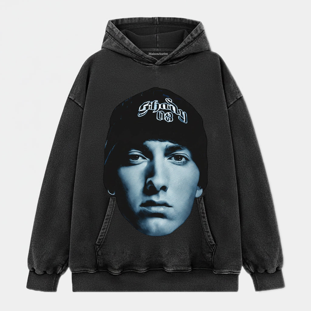 MaisonAurive ウォッシュド ブラック T シャツ – エミネム シェイディ キャップの象徴的なポートレート グラフィック