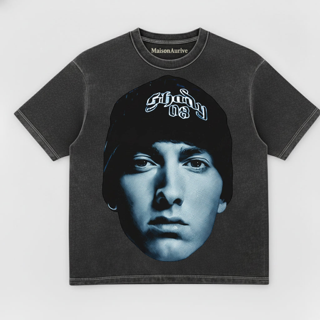 MaisonAurive ウォッシュド ブラック T シャツ – エミネム シェイディ キャップの象徴的なポートレート グラフィック