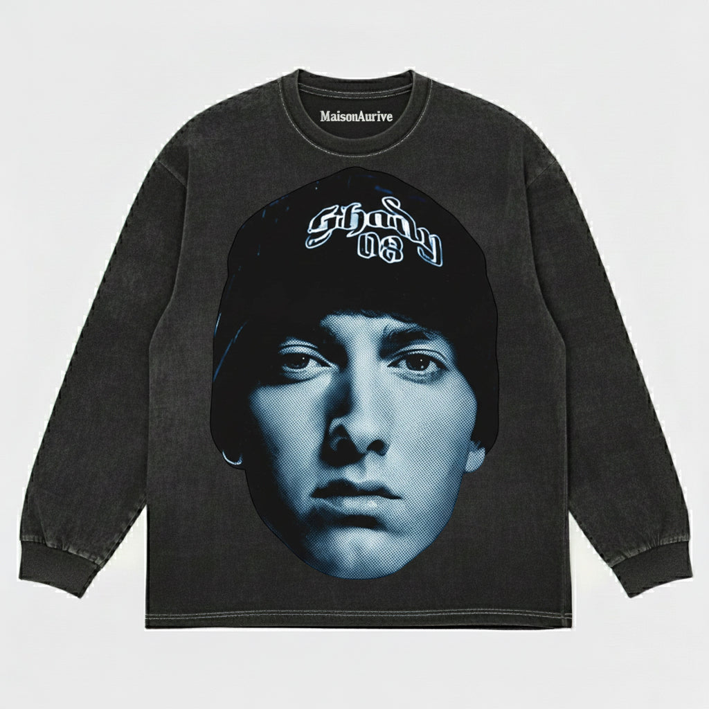 MaisonAurive ウォッシュド ブラック T シャツ – エミネム シェイディ キャップの象徴的なポートレート グラフィック