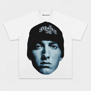 MaisonAurive ウォッシュド ブラック T シャツ – エミネム シェイディ キャップの象徴的なポートレート グラフィック