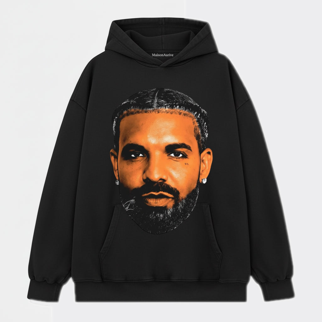 MaisonAurive ウォッシュド ブラック T シャツ – ドレイクの象徴的なポートレート グラフィック