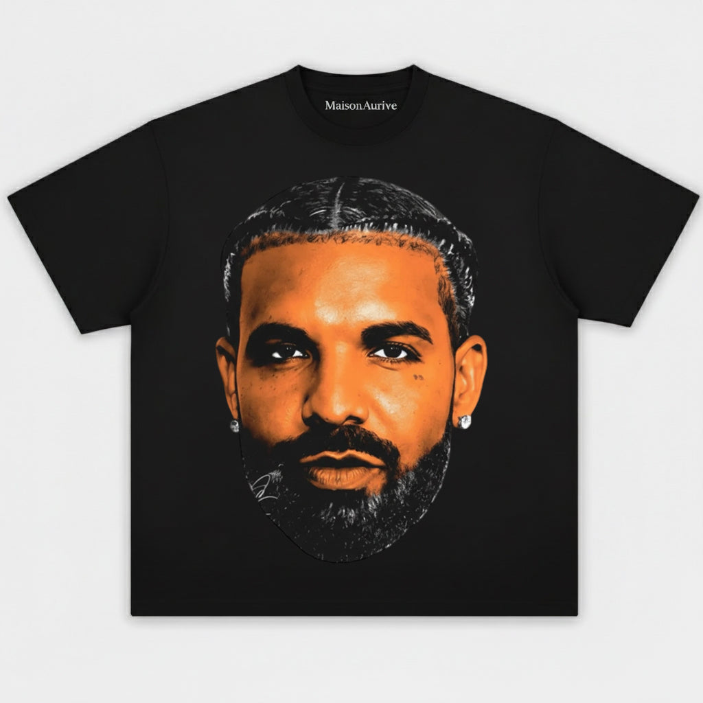 MaisonAurive ウォッシュド ブラック T シャツ – ドレイクの象徴的なポートレート グラフィック