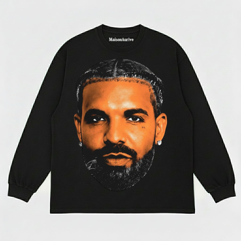 MaisonAurive ウォッシュド ブラック T シャツ – ドレイクの象徴的なポートレート グラフィック