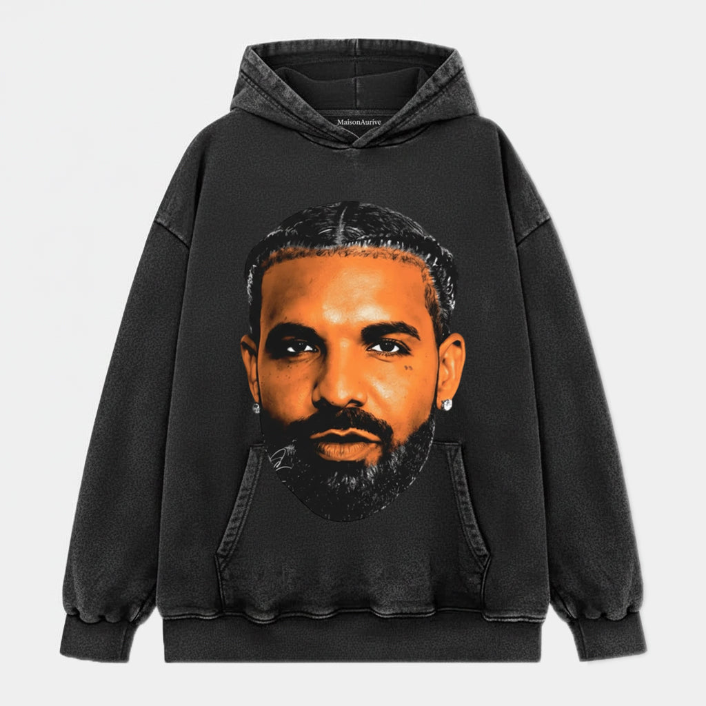 MaisonAurive ウォッシュド ブラック T シャツ – ドレイクの象徴的なポートレート グラフィック