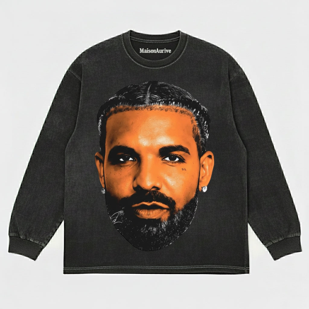 MaisonAurive ウォッシュド ブラック T シャツ – ドレイクの象徴的なポートレート グラフィック