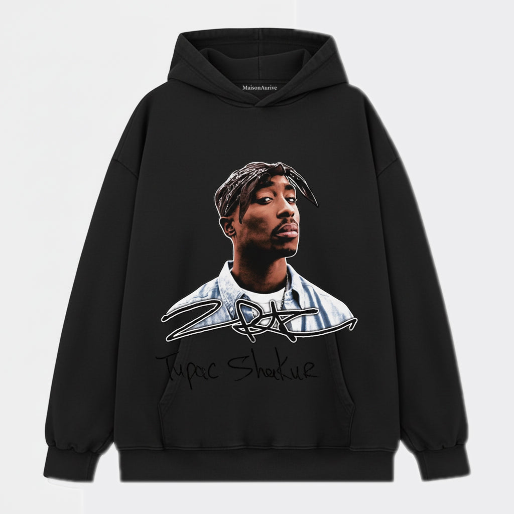 MaisonAurive ウォッシュド ブラック T シャツ – トゥパック シャクールの象徴的なポートレート シグネチャー グラフィック