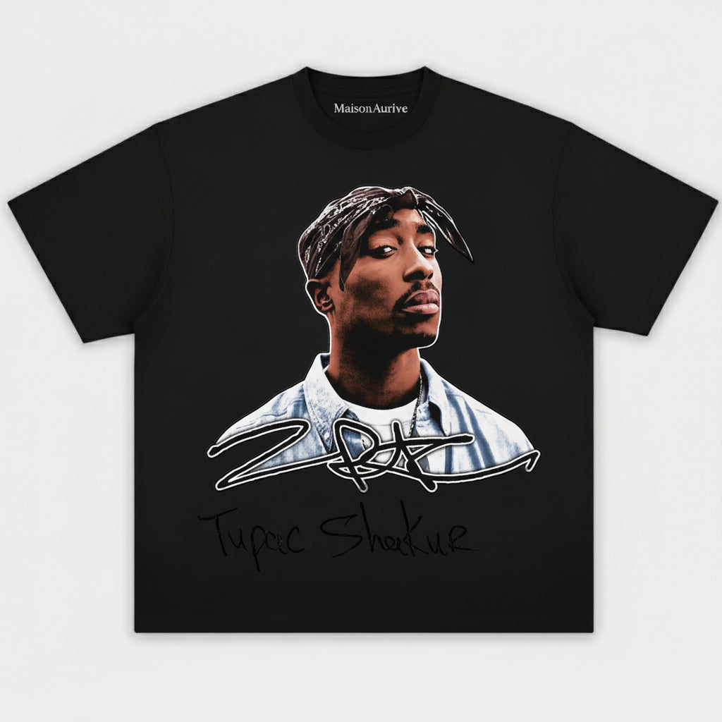 MaisonAurive ウォッシュド ブラック T シャツ – トゥパック シャクールの象徴的なポートレート シグネチャー グラフィック