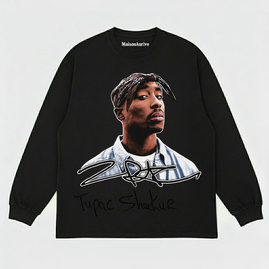 MaisonAurive ウォッシュド ブラック T シャツ – トゥパック シャクールの象徴的なポートレート シグネチャー グラフィック