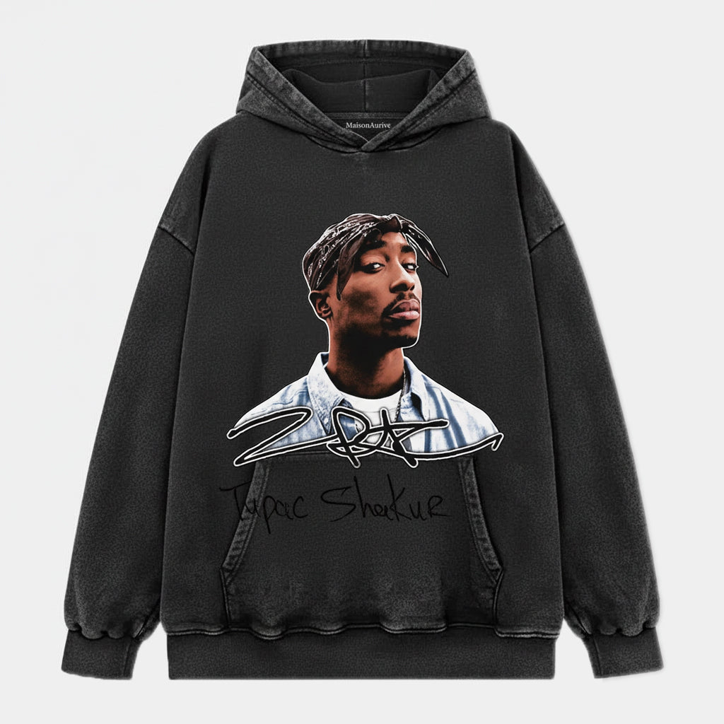 MaisonAurive ウォッシュド ブラック T シャツ – トゥパック シャクールの象徴的なポートレート シグネチャー グラフィック