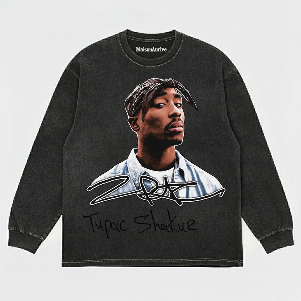 MaisonAurive ウォッシュド ブラック T シャツ – トゥパック シャクールの象徴的なポートレート シグネチャー グラフィック