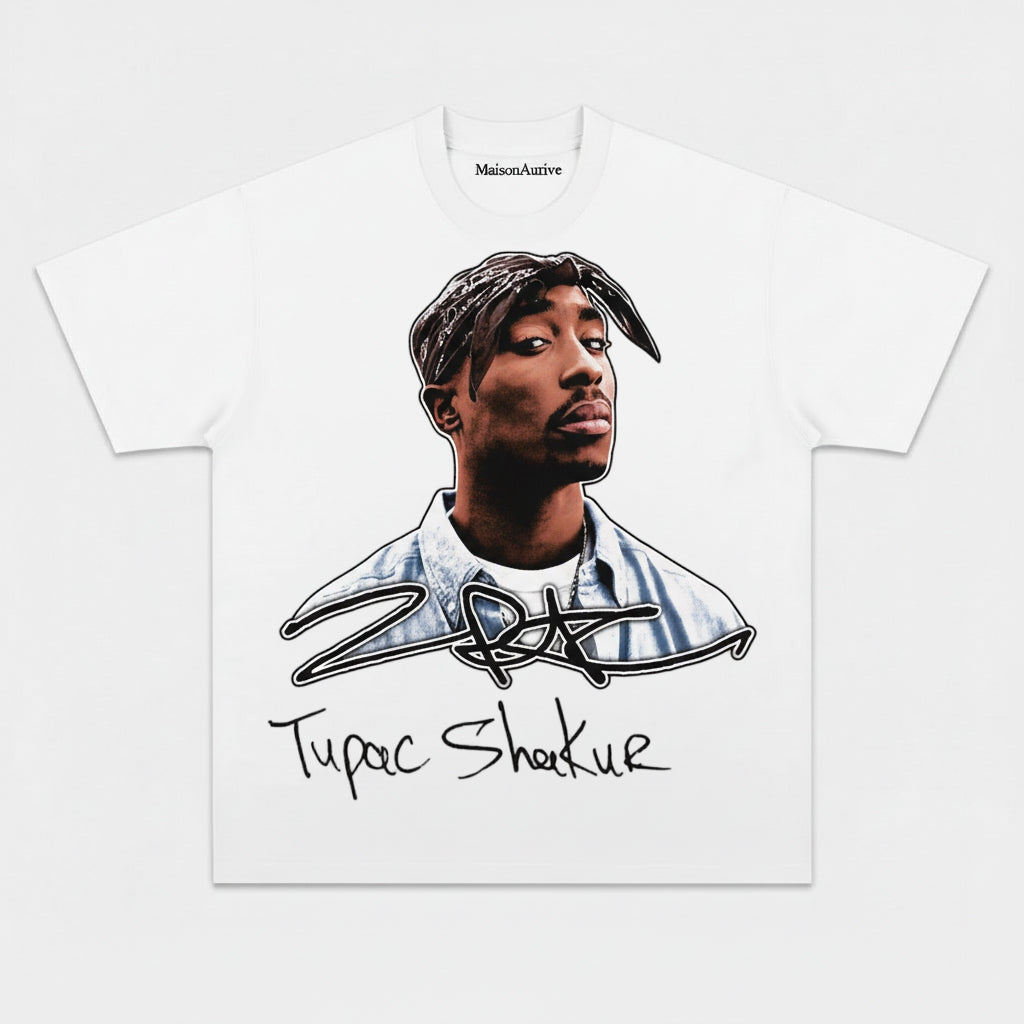 MaisonAurive ウォッシュド ブラック T シャツ – トゥパック シャクールの象徴的なポートレート シグネチャー グラフィック
